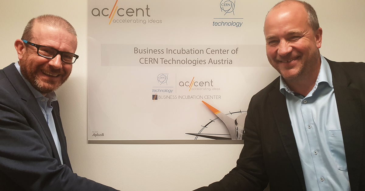 Giovanni Anelli, Head of CERN Knowledge Transfer Group and Michael Moll, CEO accent, Copyright Beatrice Weisgram: accent is Business Incubation Center of CERN Technologies